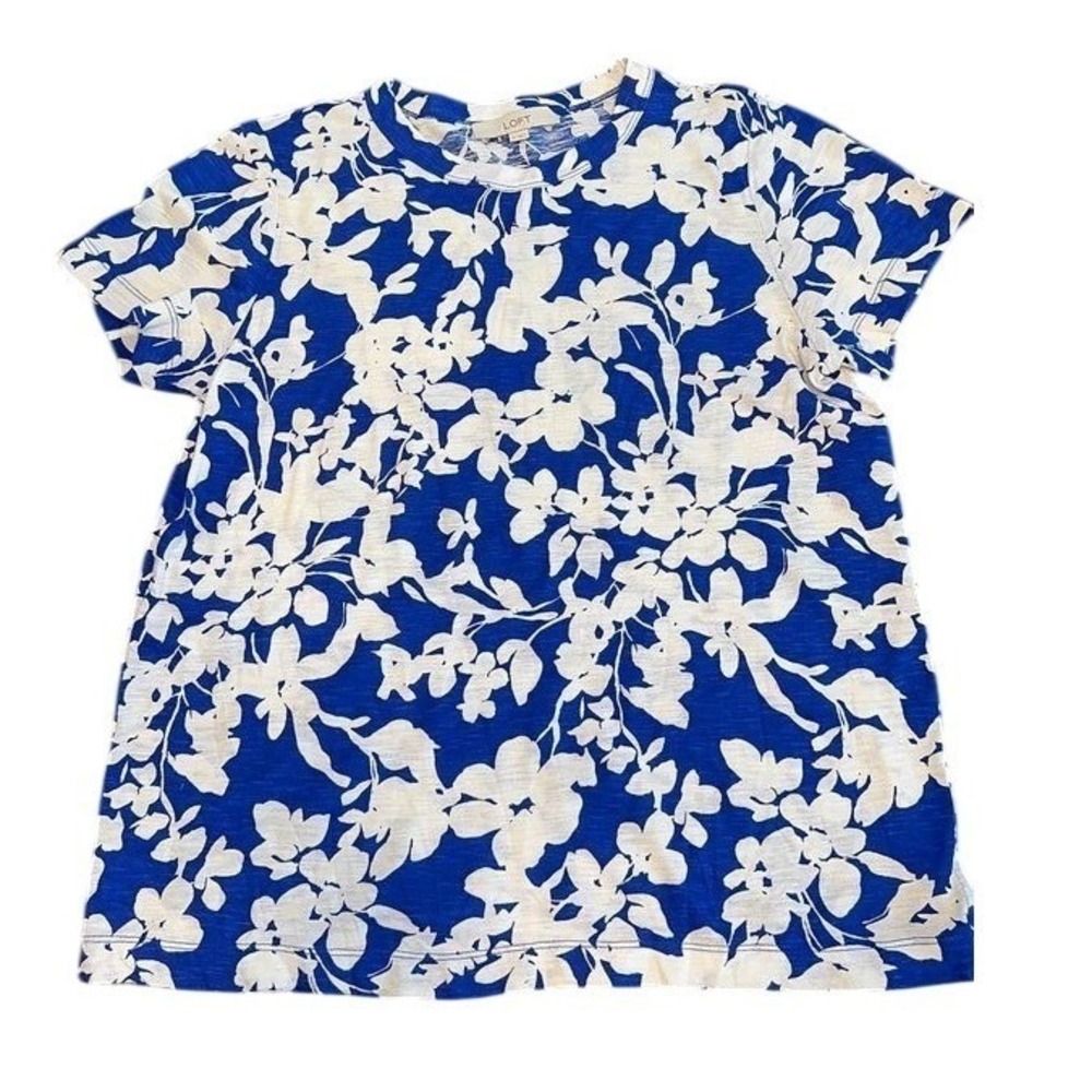 Loft Womens Blue White Floral Slub Knit Short Sleeve T-Shirt Medium Crew Neck